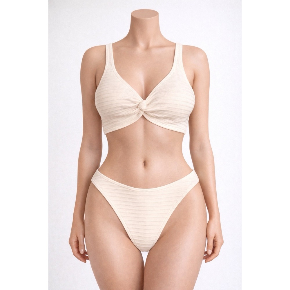 Womens Swimsuit Twist Front Bikini Set Womens Medium Beige Stretch Ribbed‎ Knit